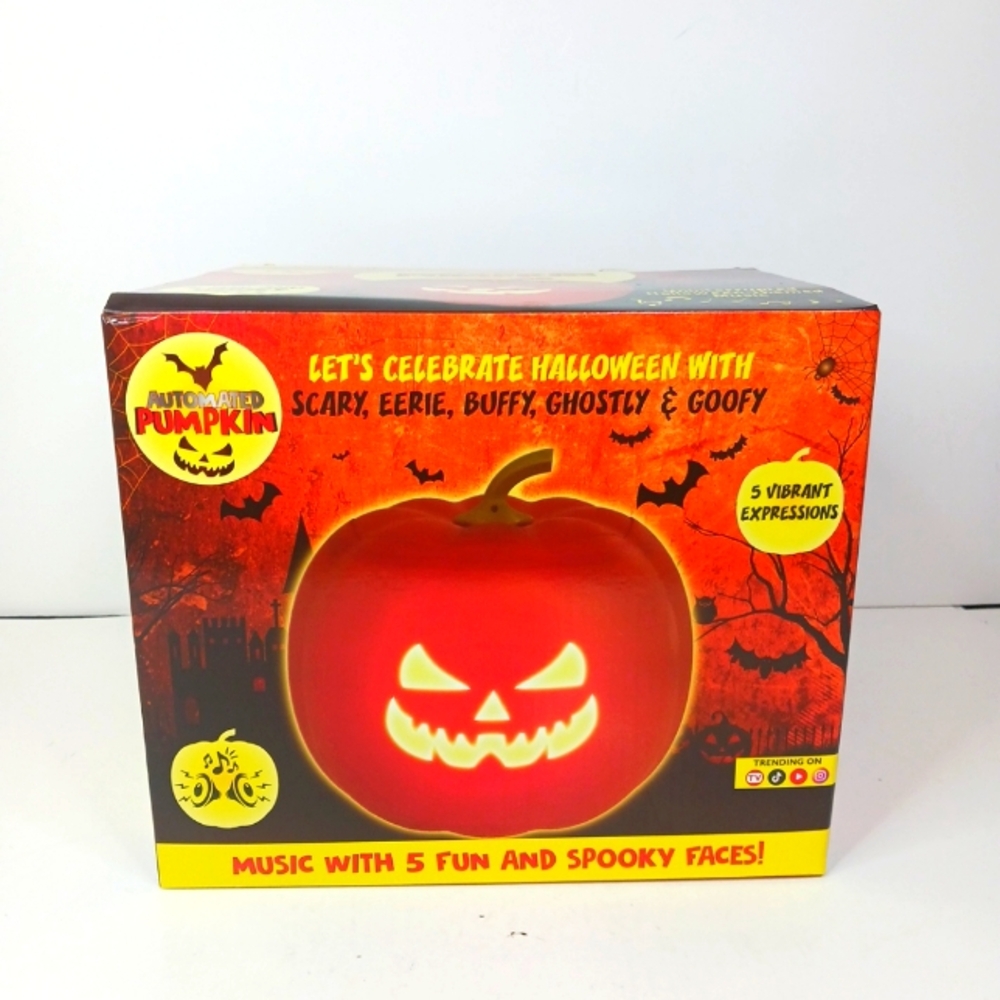 New Animated Pumpkin with 5 Different Spooky Faces Built-in Speakers LEDs NIB.